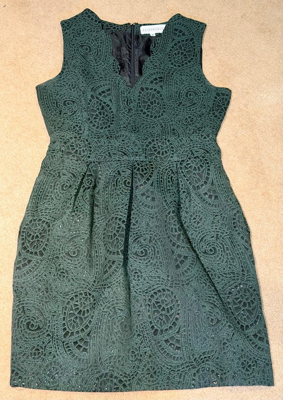 Luxology Forest Green Lace Paisley Sleeveless Party Cocktail Mini Dress Size 8